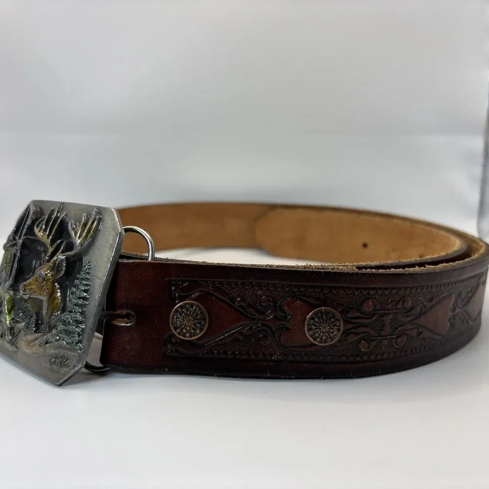 Vintage Bergamot‎ Bowhunter Reward Pewter Belt Buckle Leather Western Tooled USA
